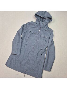 Metro Kristen Blake Womens Waterproof Removeable Hooded Gray Long Rain Coat Sz M